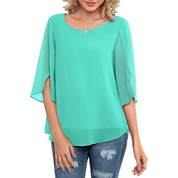 Womens Casual Scoop Neck Loose Top 3/4 Sleeve Chiffon Blouse Shirt Tops - Picture 5 of 5